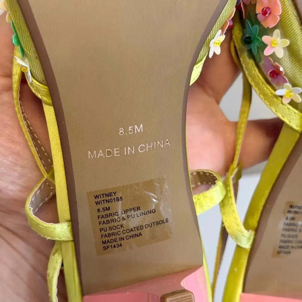 Betsey Johnson Witney Lime Floral Slingback Kitten Heels 8.5 Bow Whimsical Party
